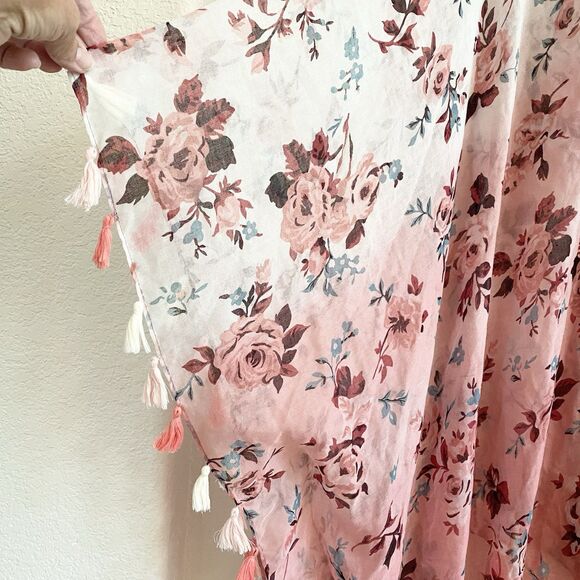 Lane Bryant Pink Floral Cardigan Duster Tassels Kimono One Size Women - Picture 2 of 10